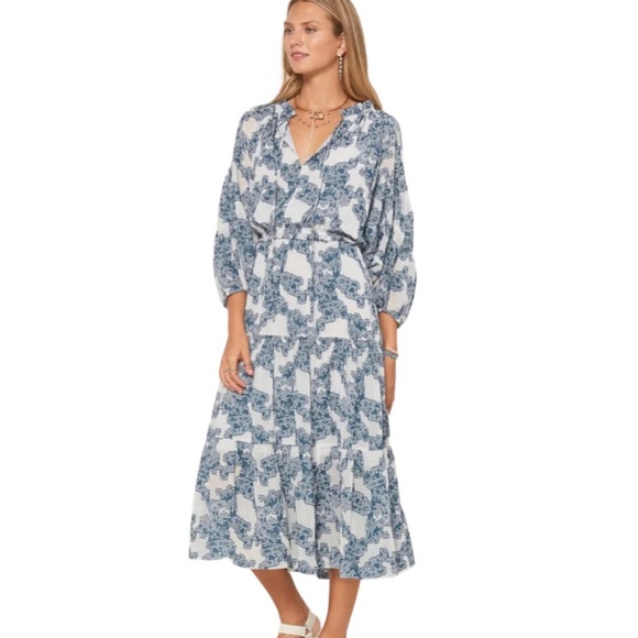 Anthropologie Current Air Isla Blue White Tie Neck Tiered Ruffle Midi Dress - XS - Picture 2 of 16